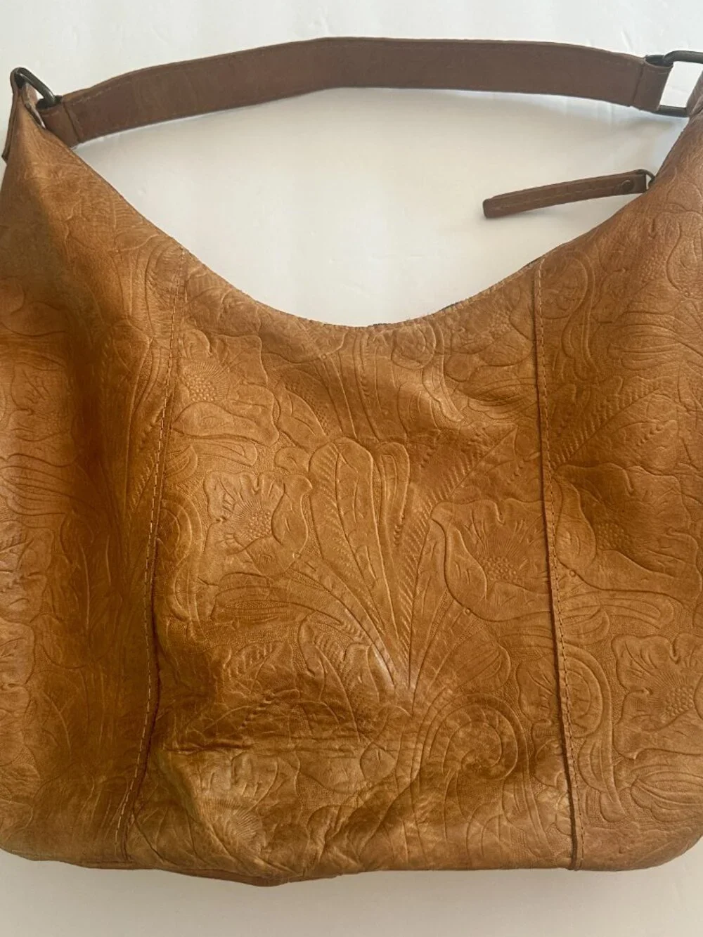 American Leather Co Hobo Bag Tan Genuine Leather Shoulder Purse Floral Boho